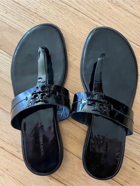 Tory Burch Black Patent Slide Sandals with Logo Accent-like new